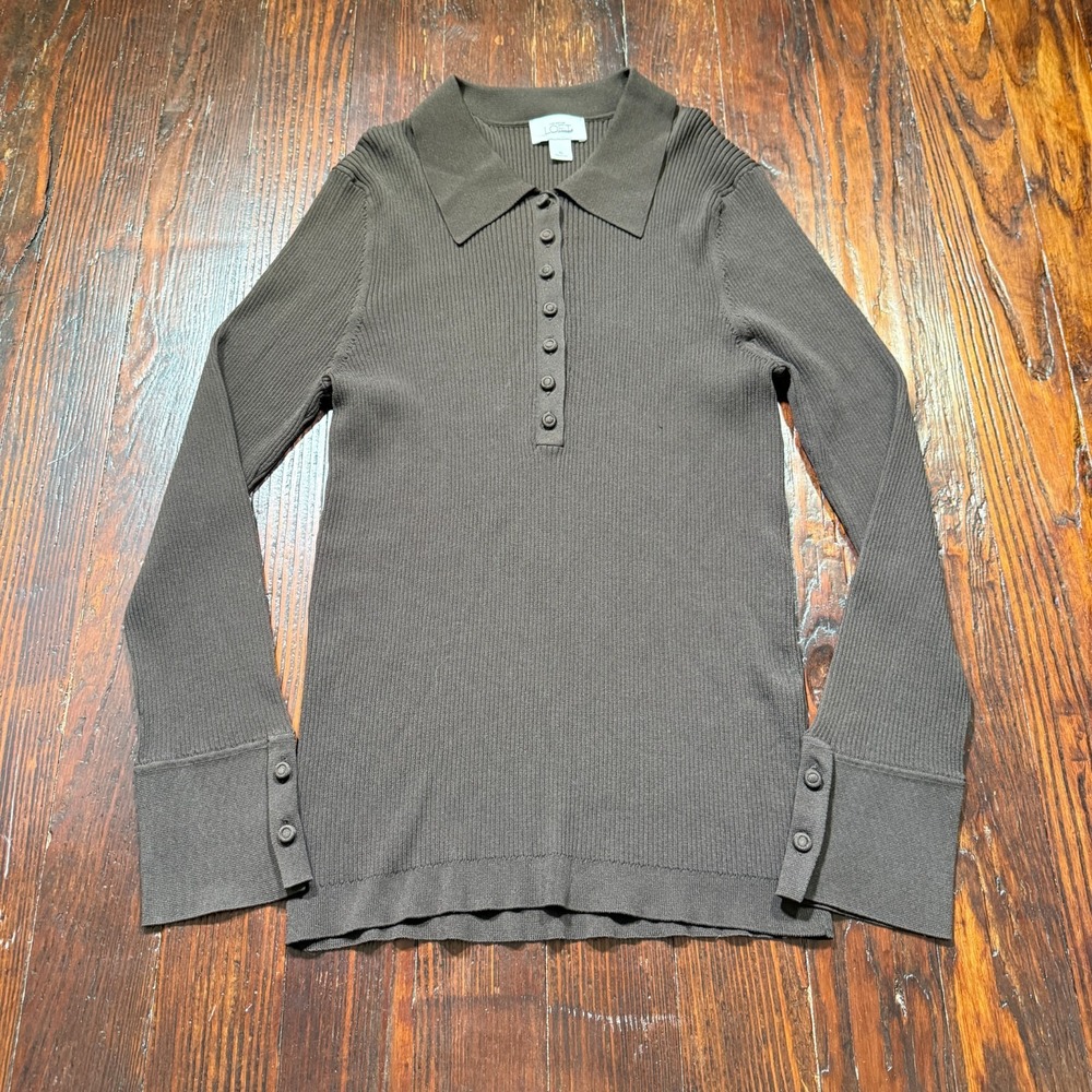 Loft Polo Sweater Womens XL Brown Ribbed Fitted Long Sleeve Button Cuff